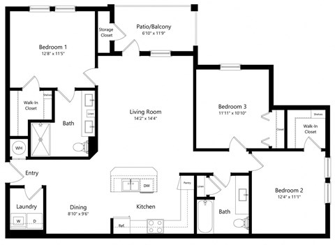 Floor plan for 3 beds, 2 baths, 1290 sqft